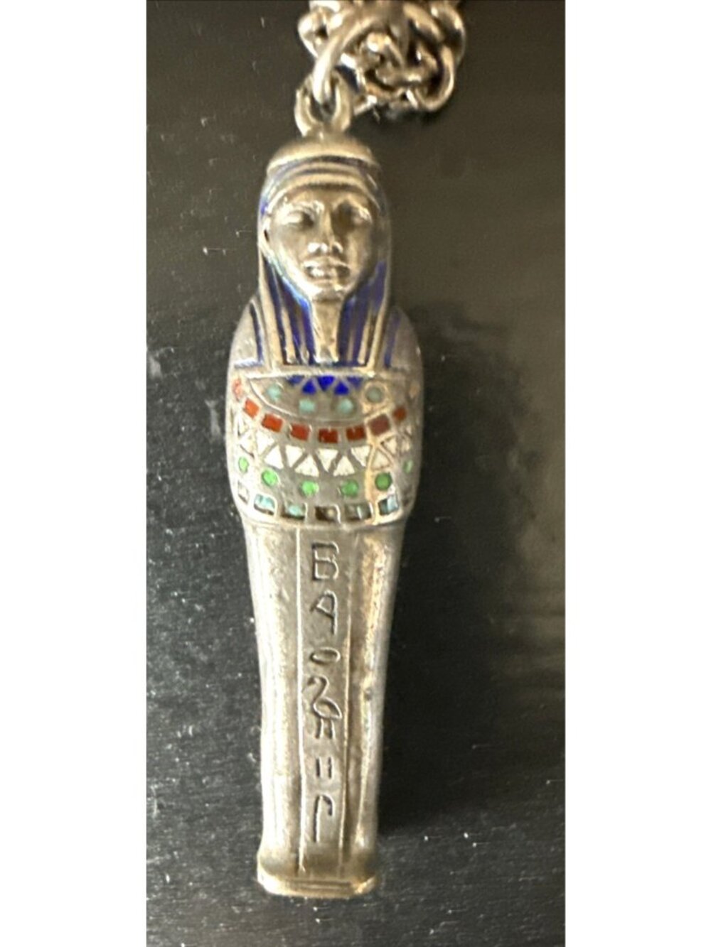 Antique 800 Silver Egyptian Pharaoh Pendant Telescopic Pencil Enamel Sarcophagus